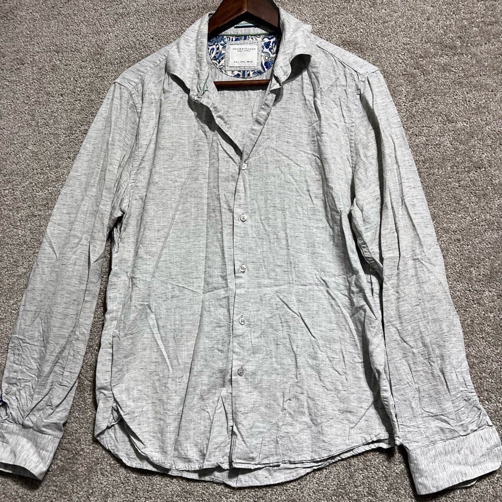 Denim & Flower Men’s Heather Grey Long Sleeve Button Down Collared Shirt Size L